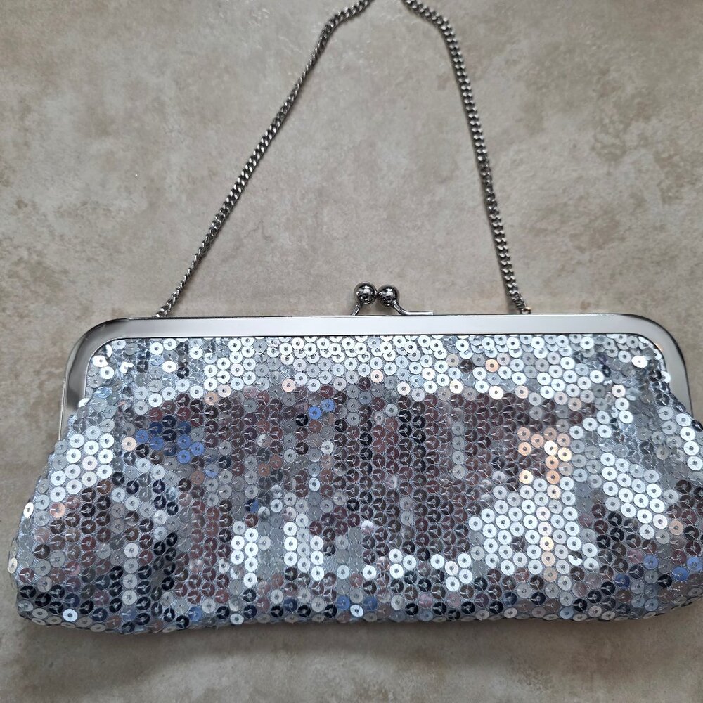 Ann Taylor LOFT silver sequin evening clutch